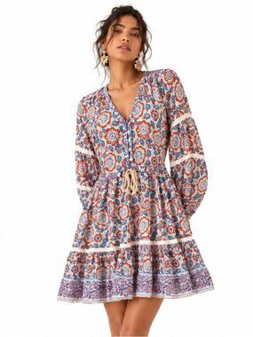 BELL BY ALICIA BELL Silk & Cotton Blend Blue and White Long Sleeve Flare Dress